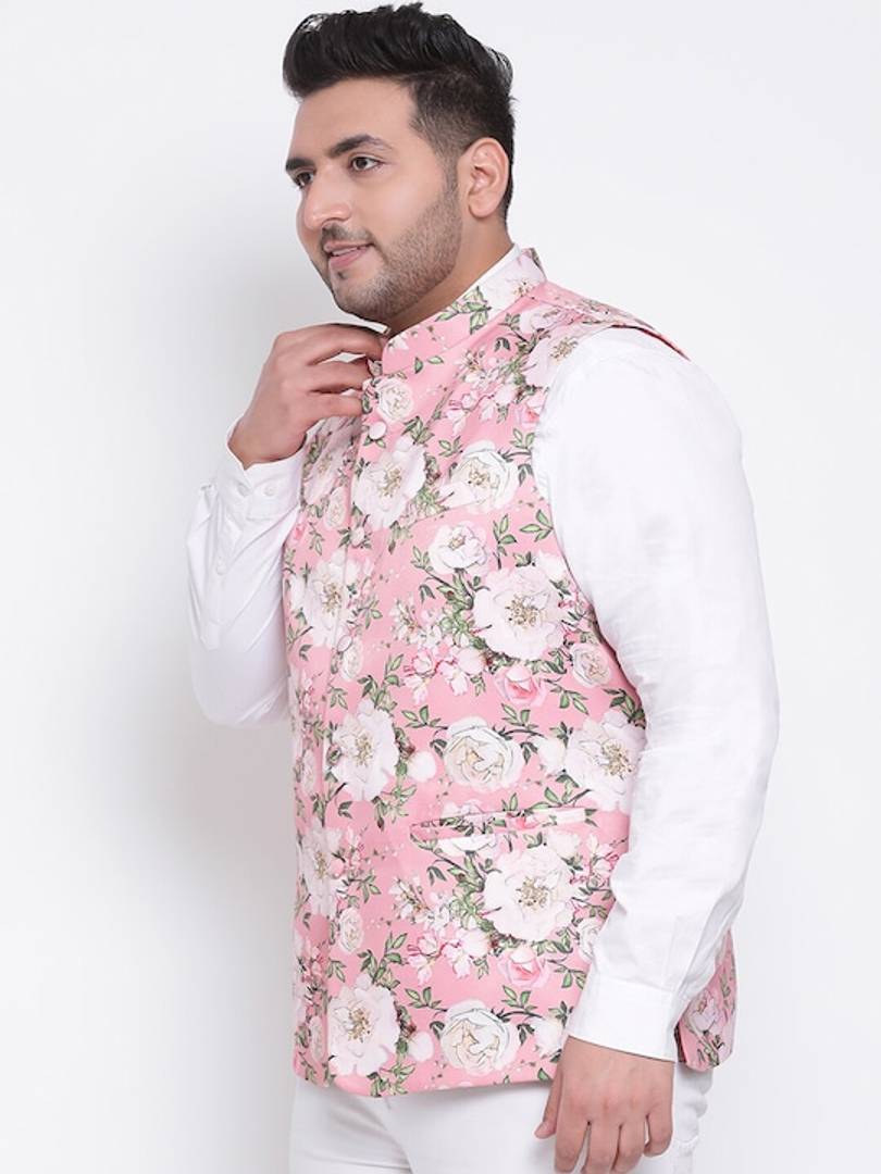 Men's Pink 
Cotton Blend
 Printed Nehru Jackets